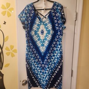 Ashley Stewart NWT Vibrant Blue Patterned V-Neck Dress
